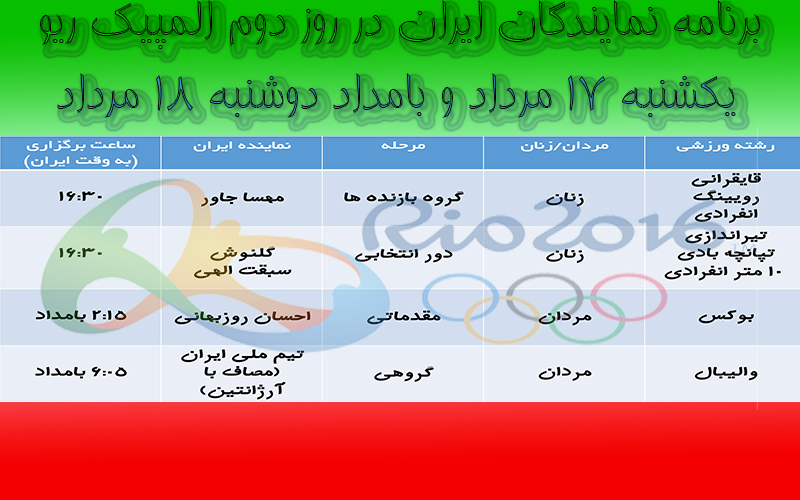 برنامه مسابقات ورزشکاران ایرانی در روز دوم المپیک