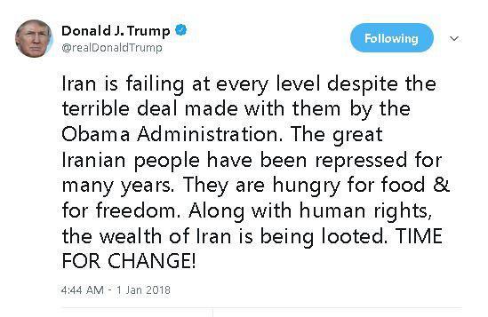 ترامپ در جدیدترین توئیت مداخله‌جویانه خود، ملت ایران را «گرسنه» خطاب کرد!