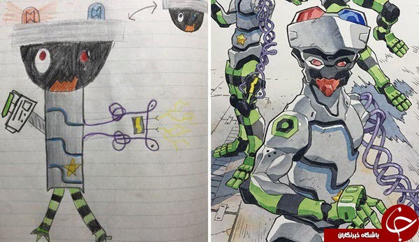خلاقیت هنرمندی که نقاشی های پسرش را به شخصیت های کارتونی تبدیل کرد+تصاویر