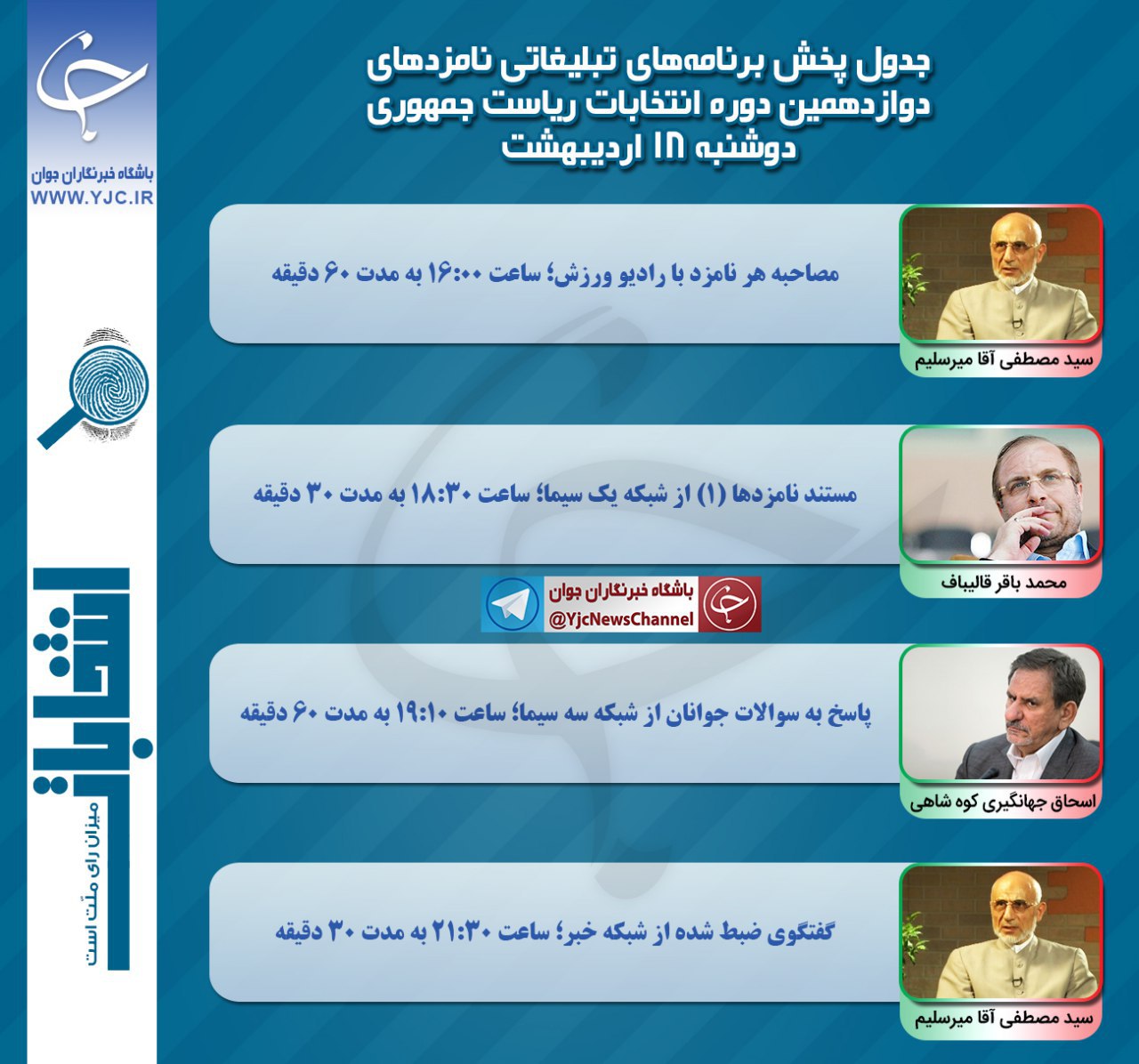 برنامه نامزدهای انتخابات ریاست جمهوری در رسانه ملی در هجدهمین روز اردیبهشت