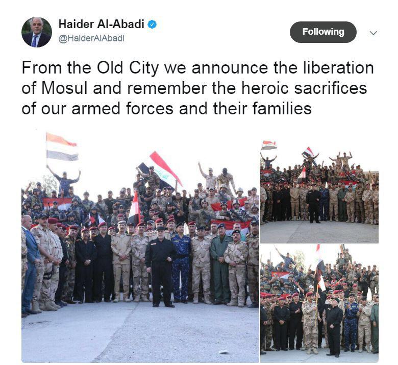 حیدر عبادی به طور رسمی در موصل اعلام پیروزی کرد+تصاویر و توییت