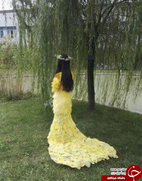 لباس زيبای دوخته شده از برگ گياهان جنجالی شد! +تصاویر