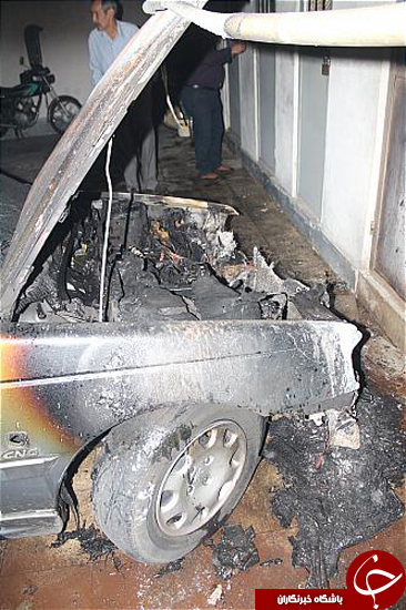 مهار آتش سوزی خودرو سواری در پارکینگ ساختمان + تصاویر