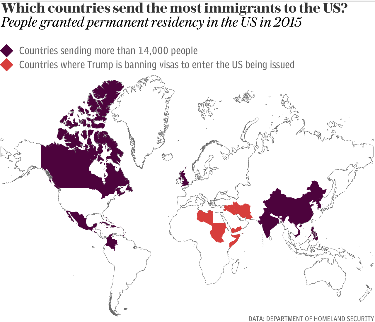 بیشترین تعداد مهاجران آمریکا اهل کدام کشورها هستند؟+نقشه