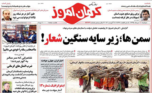 صفحه نخست روزنامه استان‌ کرمان دوشنبه 18 مرداد ماه
