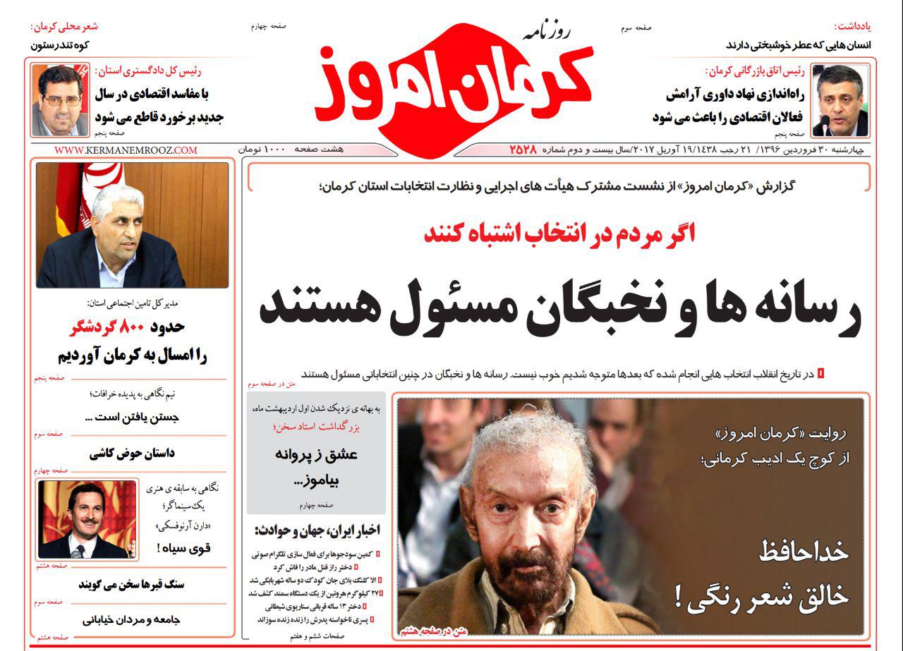 تصاویر صفحه نخست روزنامه های استان کرمان سه شنبه 15 فروردین را مشاهده کنید