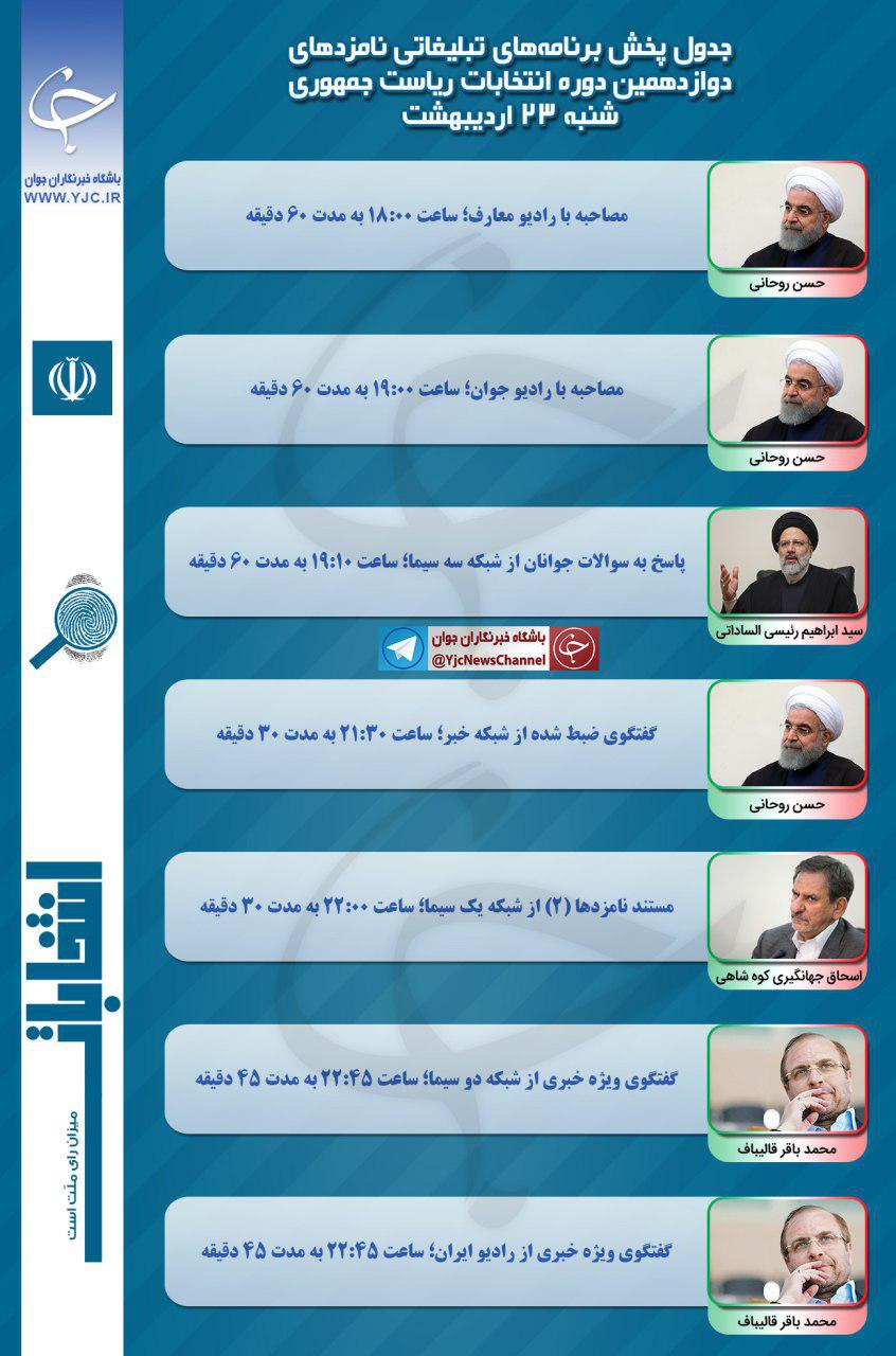 برنامه نامزدهای انتخابات ریاست جمهوری در رسانه ملی در بیست و سومین روز اردیبهشت