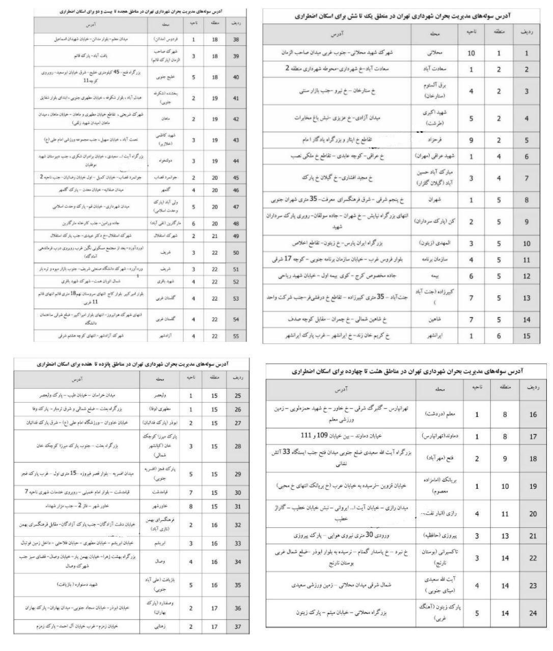آدرس همه سوله‌های مدیریت بحران شهرداری تهران برای اسکان اضطراری