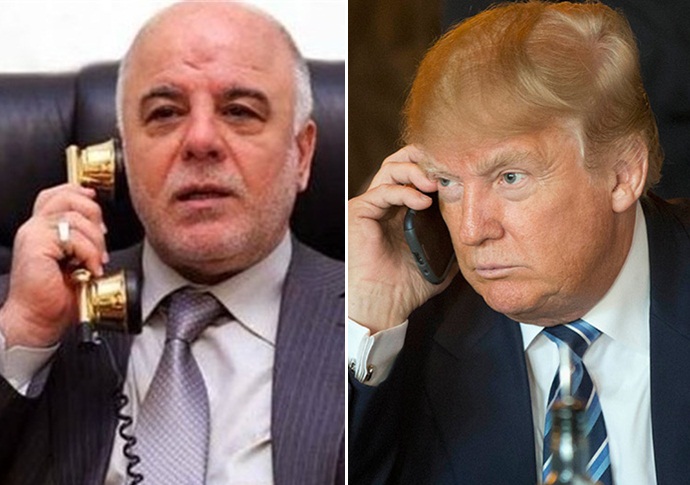 دفتر نخست وزیری عراق: حیدر العبادی در تماس تلفنی با ترامپ درباره تحولات داخلی و منطقه‌ای گفتگو کرد