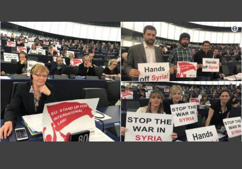 اعتراض نمایندگان پارلمان اروپا درباره حمله به سوریه هنگام سخنرانی مکرون
