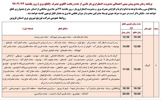 اعلام ساعت قطع برق  در برخی از مناطق استان قزوین