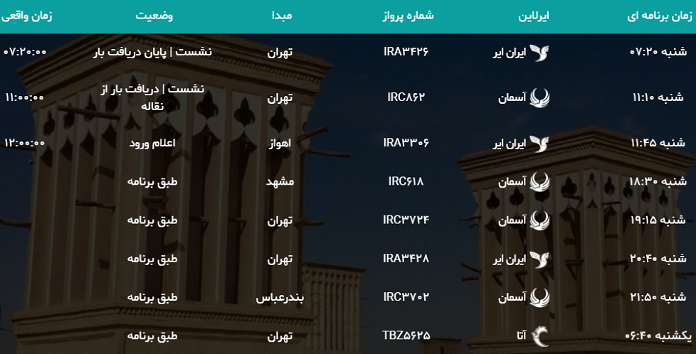 پرواز‌های شنبه ۲۴ شهریور ماه فرودگاه‌شهید صدوقی یزد