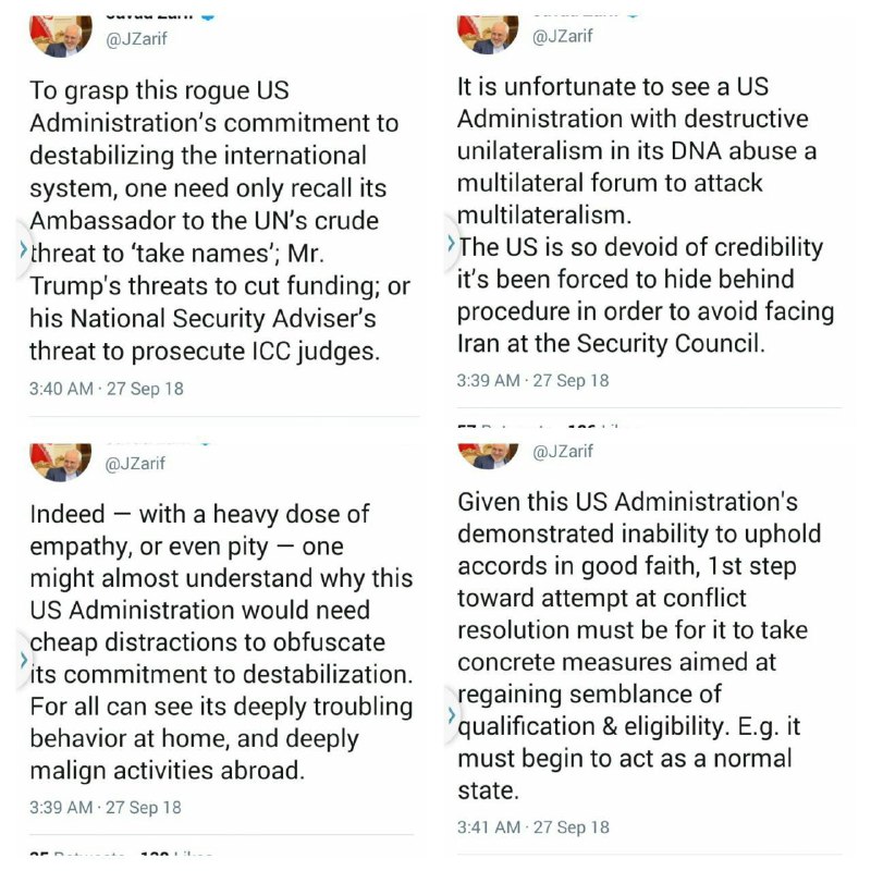 تشریح سیاست‌های مخرب دولت سرکش آمریکا در توئیت‌های وزیر امور خارجه