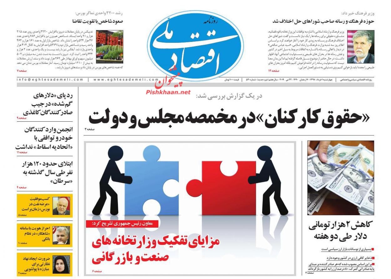 صفحه نخست روزنامه‌های اقتصادی 1 خرداد