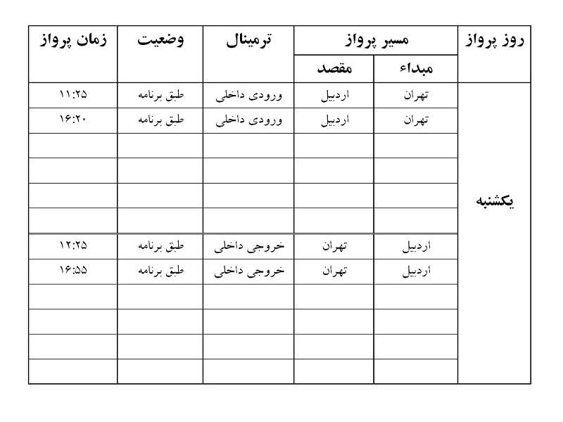 پرواز‌های فرودگاه اردبیل یکشنبه ۶ مرداد ماه