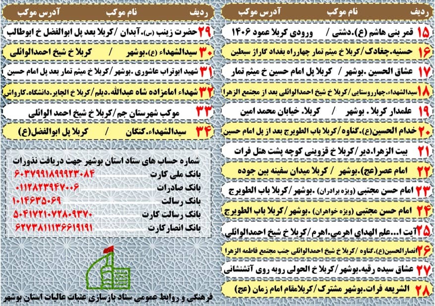 موکب‌های استان بوشهر کجا مستقر هستند؟