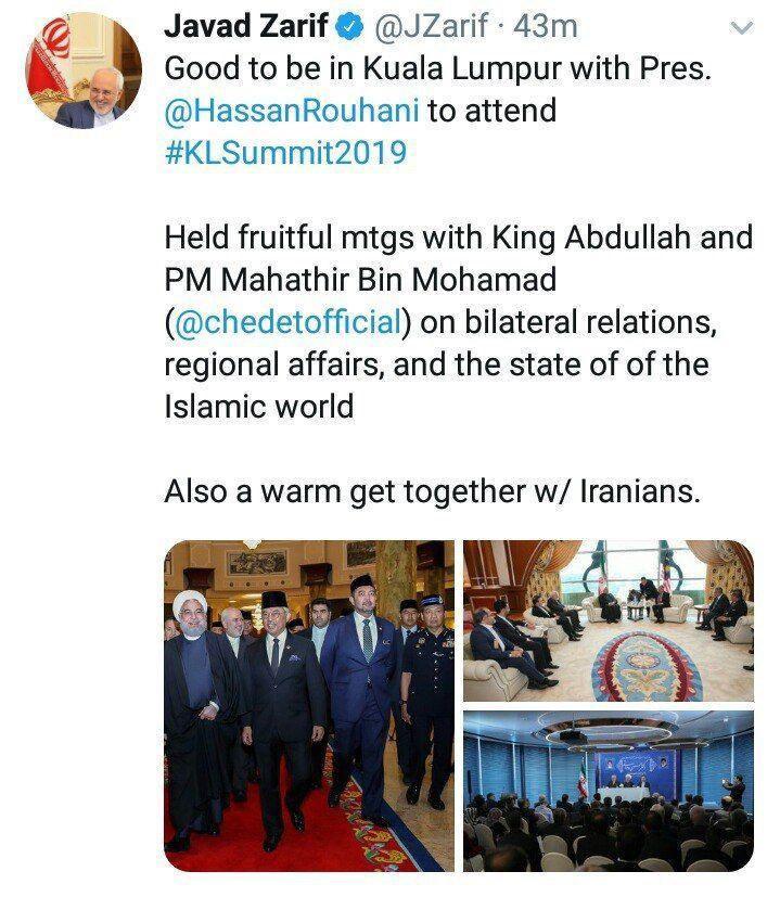 گزارش توئیتری ظریف از روز نخست حضور رئیس جمهوری در مالزی