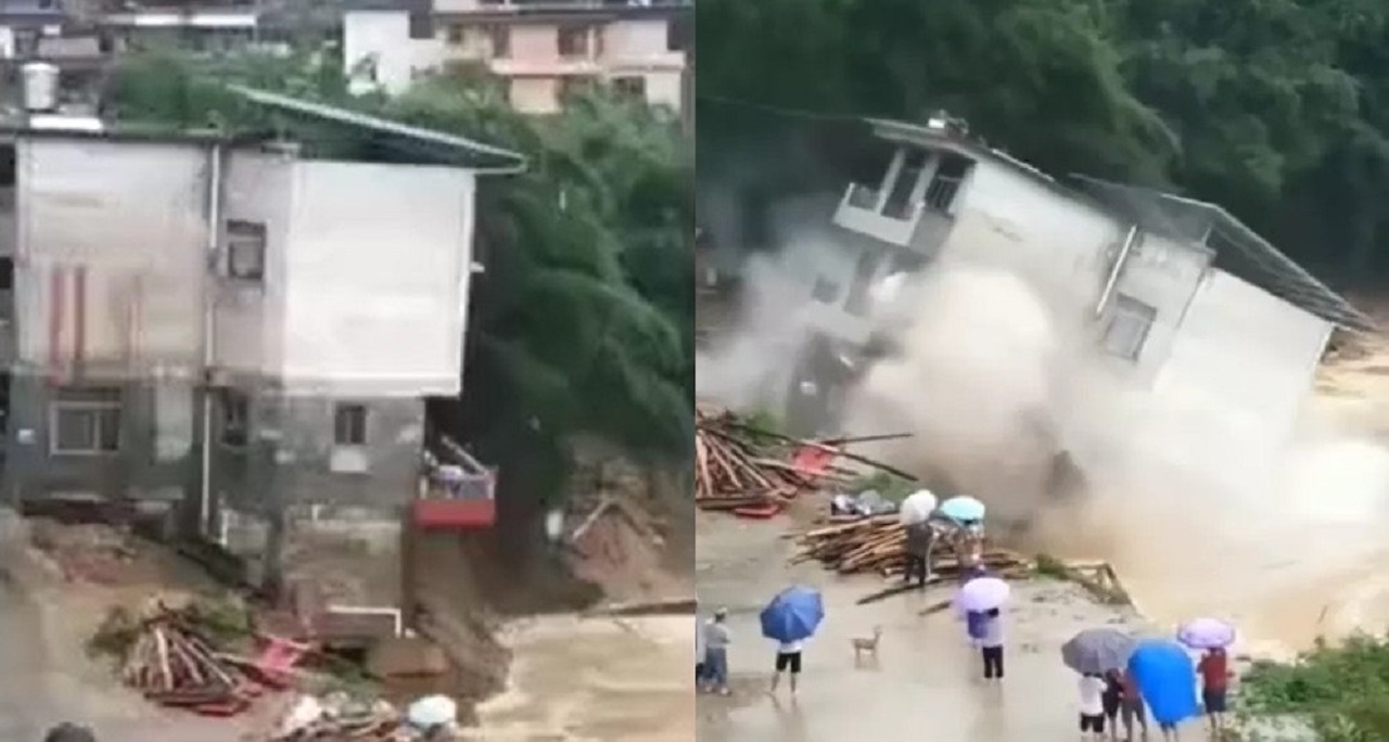 لحظه تخریب خانه سه طبقه بر اثر رانش زمین