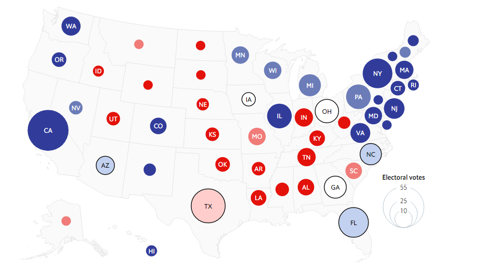 جورجیا، اوهایو و آیووا ایالت‌های سرنوشت‌ساز انتخابات آمریکا/ نظرسنجی‌های معتبر چه می‌گویند؟