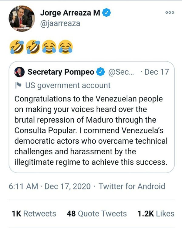 واکنش خنده‌دارِ وزیر خارجه ونزوئلا به پیامِ مایک پمپئو