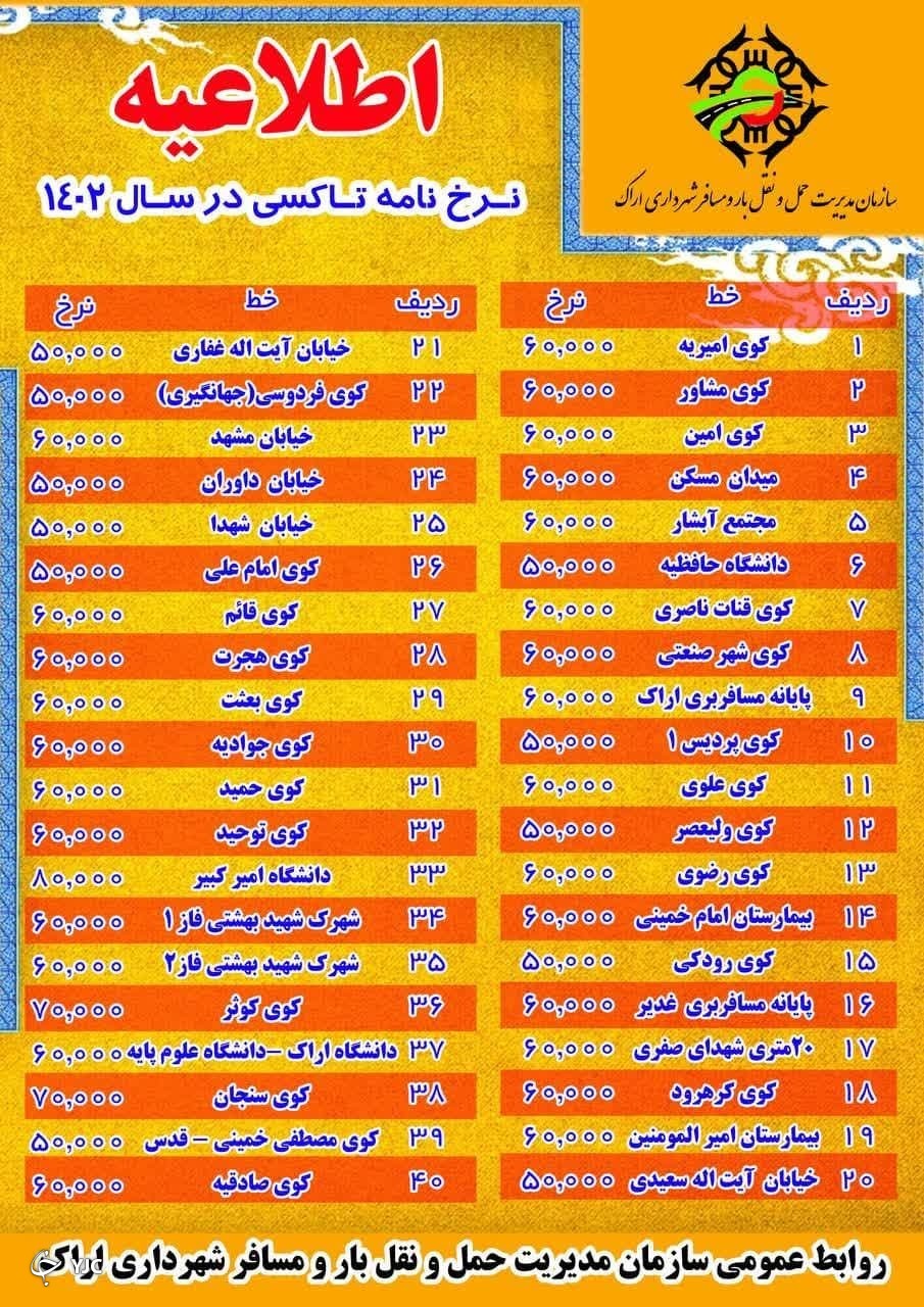 افزایش کرایه تاکسی عیدی شهرداری اراک به مردم + جدول نرخنامه