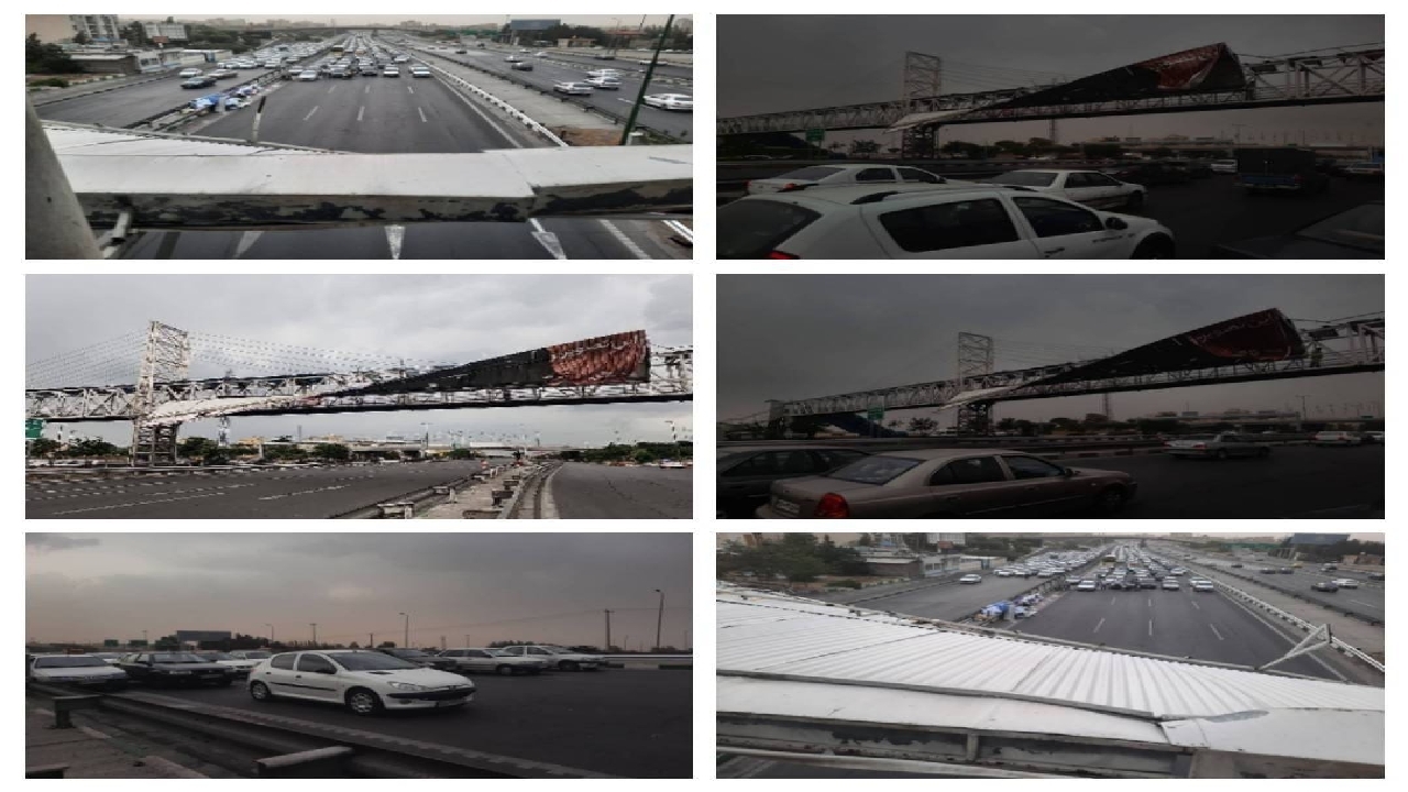 آسیب دیدن سازه تبلیغاتی بر روى پل عابر پیاده به دلیل طوفان/ بزرگراه شهید فهمیده مسدود شد
