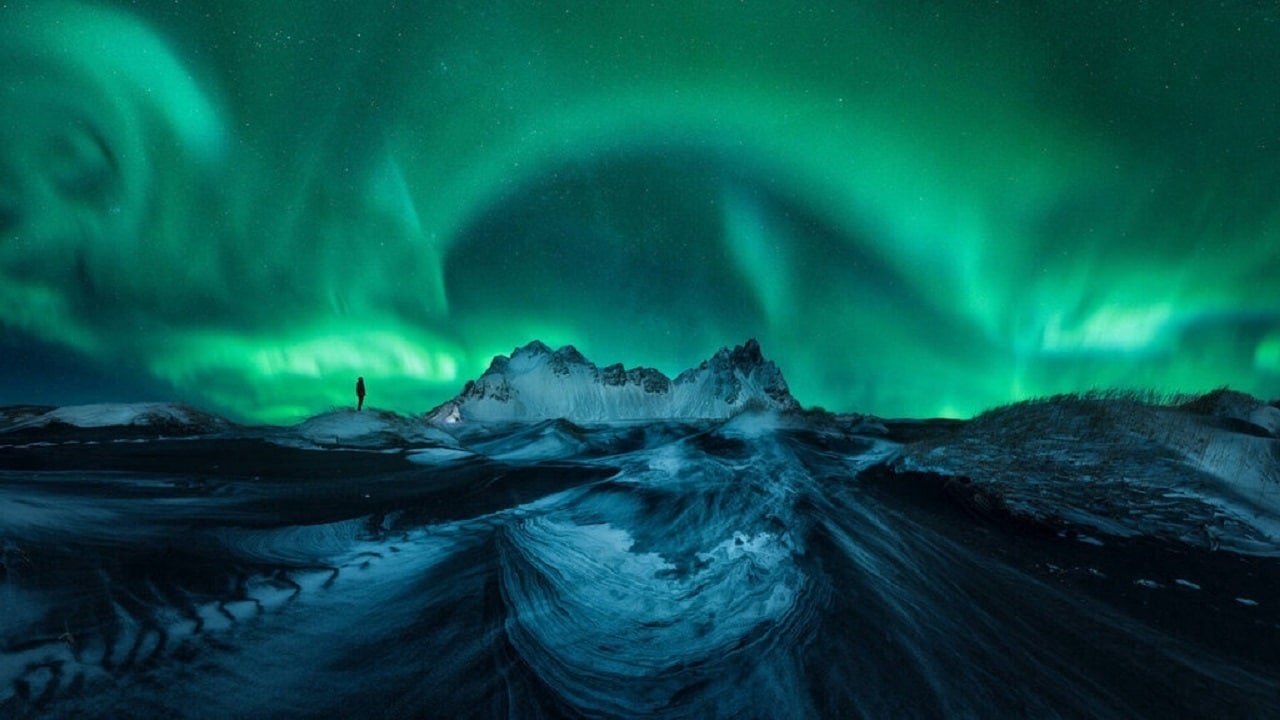 تصویری خیره کننده از گوزن‌ها زیر نور شفق قطبی