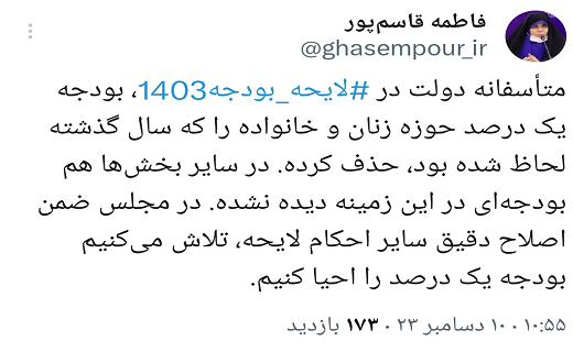 سهم یک درصد حوزه زنان از لایحه بودجه حذف شده است